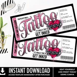 Buono regalo tatuaggio, disegno cuore glitterato, buono regalo Time To Get Inked - San Valentino / Modifica con CANVA, DOWNLOAD IMMEDIATO stampabile