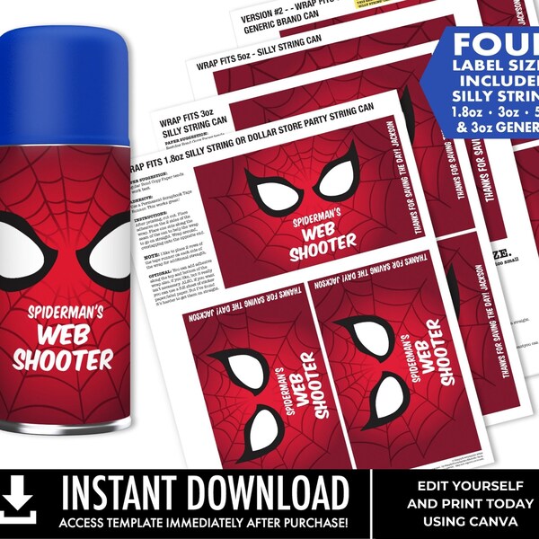 Spider Web Shooter Labels, 4 Sizes Silly Spray String Labels,Superhero Birthday,Game Activity | Edit with CANVA INSTANT DOWNLOAD Printable