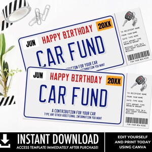 Autofonds verrassingscadeaubon, kentekenbon, cadeau onthullen, cadeaubon | Je personaliseert met CANVA - INSTANT DOWNLOAD afdrukbaar