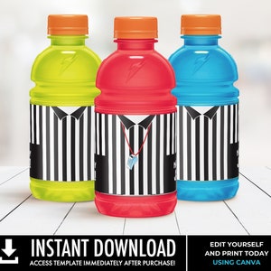 May include: Three printable water bottle labels featuring a referee's striped shirt with a whistle hanging from a chain. The labels are in black and white with a red, blue, and green background. The text on the labels reads "Instant Download" and "Edit Yourself and Print Today Using Canva".