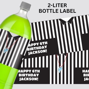 May include: A 2-liter bottle with a green liquid and a label designed as a referee's shirt. The label has black and white stripes, a whistle, and the text "HAPPY 6TH BIRTHDAY JACKSON!"