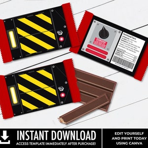 May include: Printable template for candy bar wrappers featuring a red and black design with yellow stripes and a red button. The text "DANGER" is printed on the wrapper. The template is for a candy bar wrapper and can be edited and printed using Canva.