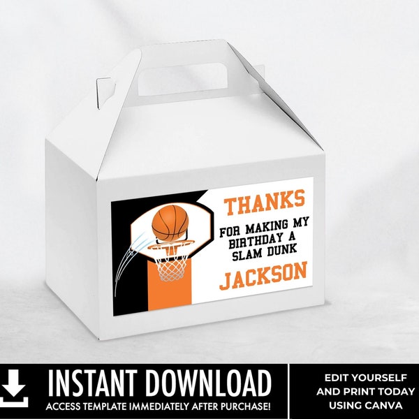 Etiquettes de cadeau modifiables pour boîte à pignon de basket-ball - Etiquettes de boîte-cadeau à pignon d'anniversaire de basket-ball | Personnalisez avec CANVA - TÉLÉCHARGEMENT INSTANTANÉ Imprimable