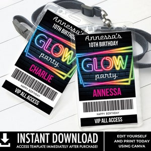 Neon Glow Party VIP Badge, Neon Glow Theme, Glow Party All Access Pass | Edit with CANVA - INSTANT Download Printable Template