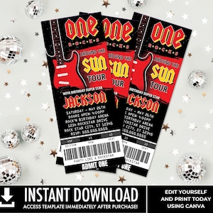 One Rocks Rockstar Party Ticket Invitations, Party like a Rockstar, Rock n Roll Birthday | Edit with CANVA - INSTANT DOWNLOAD Printable