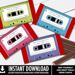 Cassette Tape Wafer Chocolate Candy Bar Etiqueta/Wrap, Retro Party Favor, Fiesta de los 80, 4 Colores Etiqueta SET / Editar con CANVA - Descarga INSTANTÁNEA