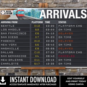 Train Party Terminal 24&quot;X36&quot; Arrivals Sign, Train Terminal Sign, Train Station Decor  | Edit using CANVA - INSTANT Download Printable