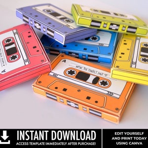 Cassette Tape Box 7 EDITABLE boxes, gift card holder, party favor boxes Personalize Text using CANVAInstant Download Printable Template image 1