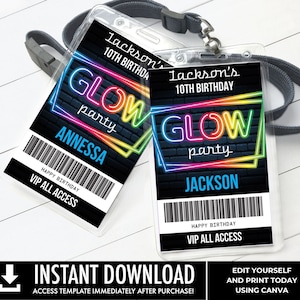 Neon Glow Party VIP Badge, Neon Glow Theme, Glow Party All Access Pass | Edit with CANVA - INSTANT Download Printable Template