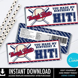 Etichetta/involucro di barretta di cioccolato da baseball, festa di compleanno di baseball, bomboniera/modifica con CANVA - modello stampabile DOWNLOAD IMMEDIATO