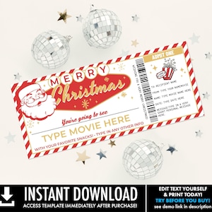 Retro Christmas Movie Tickets, Movie Tickets, Movie Night Gift Voucher, Family Night | You Personalize with CORJL-INSTANT DOWNLOAD Printable