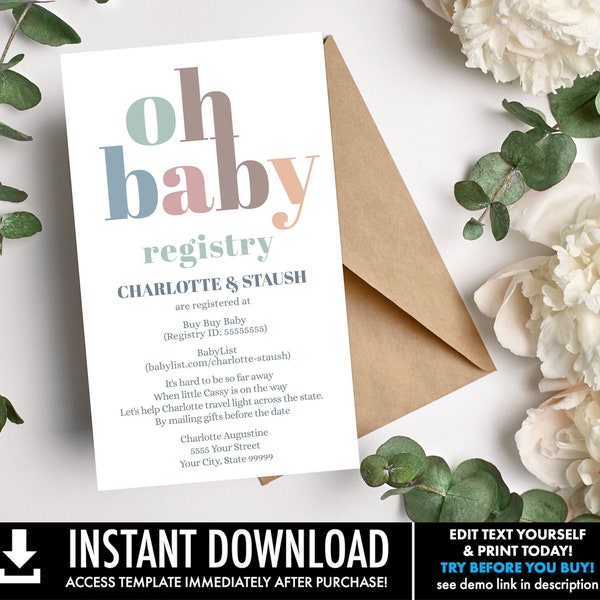 Gift Registry Insert Card Baby Shower, Neutral Shower, Boy Shower or Girl Shower | You Personalize using CORJL - INSTANT DOWNLOAD Printable