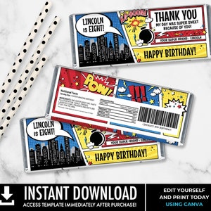 May include: Printable comic book themed chocolate bar wrapper with the text "Lincoln is Eight!" and "Happy Birthday!" in red, yellow, and blue colors. The wrapper features a cityscape, a bomb, and the words "Pow!" and "Ka-Boom!"