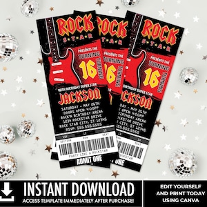 Rockstar Party Ticket Invitations, Party like a Rockstar, Rock n Roll Birthday | Self-Edit with CANVA - INSTANT DOWNLOAD Printable Template