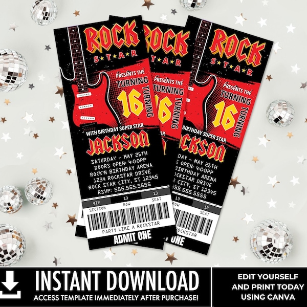 Rockstar Party Ticket Invitations, Party like a Rockstar, Rock n Roll Birthday | Self-Edit with CANVA - INSTANT DOWNLOAD Printable Template