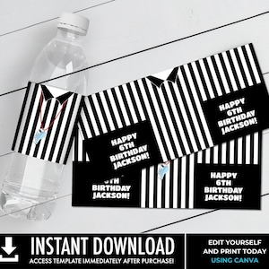 May include: Printable water bottle labels featuring a referee's uniform with black and white stripes. The labels say "Happy 6th Birthday Jackson!"