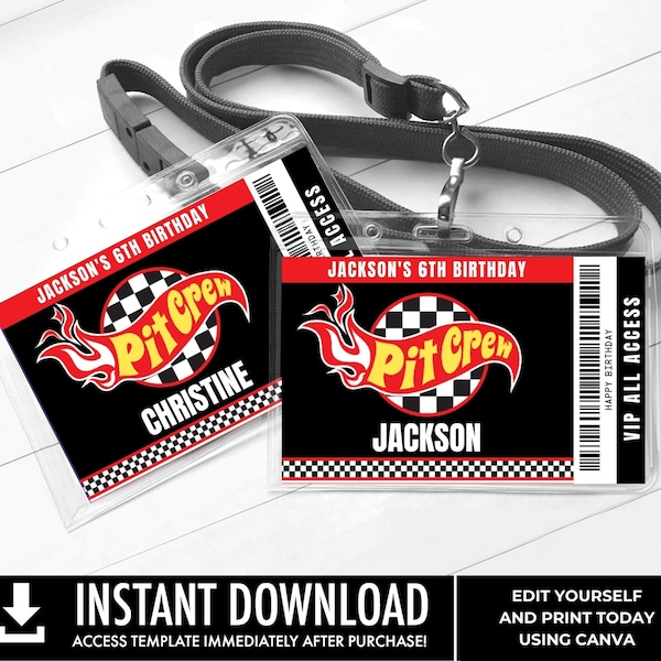 Pit Crew Badge, Cars Birthday Party, VIP All Access Badge, Pit Crew ID Badge, Race Car | Edit using CANVA–Instant Download Printable