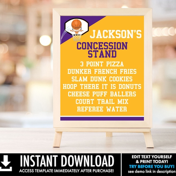 Basketball 8x10 Concession Stand Sign, 8x10 Birthday Party Sign, Concession Stand Sign | Edit using CORJL - INSTANT DOWNLOAD Printable