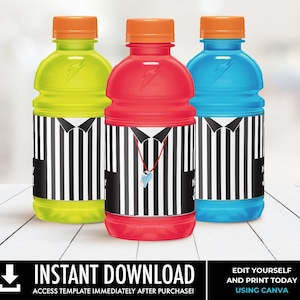 May include: Three sports-themed drinks bottles in yellow, red, and blue. Each bottle has a black and white striped label resembling a referee's shirt, with a whistle pendant. Orange caps top the bottles. The image includes the text "INSTANT DOWNLOAD".