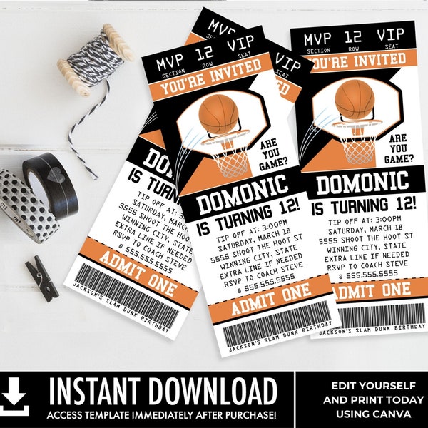 Basketball Ticket Invitation, Basketball Birthday Party, Ticket Invite | You Personalize using CANVA - INSTANT Download Printable