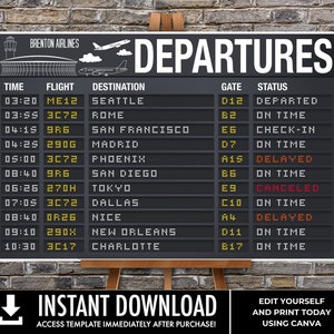 Airplane Party 48&quot;X36&quot; Poster, Departure Sign, Airport Terminal Sign,Aviator Decor | Edit using CANVA - INSTANT Download Printable
