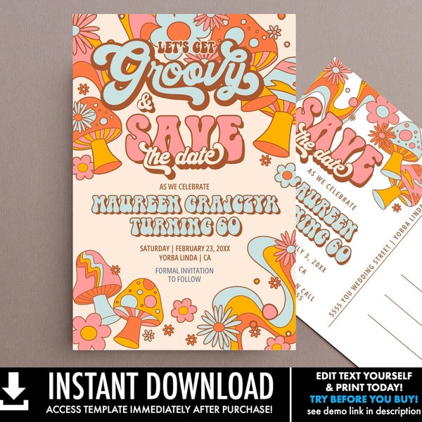 Retro Let's Get Groovy Party Save the Date, Retro Birthday Save the Date Postcard | You Personalize using CORJL-INSTANT DOWNLOAD Printable