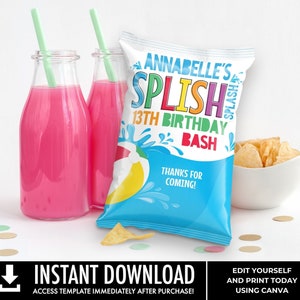 Pool Party Chipsbeutel Wrap/Label/Vorlage,Snacksbeutel,Beutelbeutel,Mini Chip Beutel Gefälligkeiten | Bearbeiten Sie mit CANVA - INSTANT Download Printable