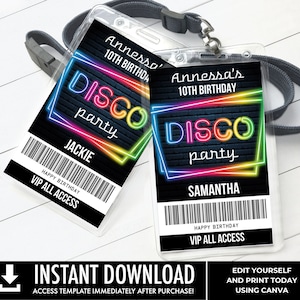 Disco Party VIP Badge, Disco Theme, Disco Party All Access Pass | Edit with CANVA - INSTANT Download Printable Template