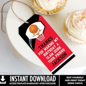 Basketball Favor Tag - Basketball Party, Basketball Birthday, Thank You Tag | Self-Edit Text with CANVA - INSTANT Download Printable