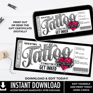 Certificado de regalo de corazón de tatuaje de plata, tiempo para obtener un vale de tarjeta de regalo entintado, regalo de Navidad, regalo de último minuto, editar uso CANVA-INSTANT DOWNLOAD