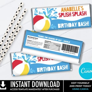 Pool Party Candy Bar Wrapper - Candy Bar Label, Birthday Party Favors, Summer | You Personalize using CANVA - INSTANT DOWNLOAD Printable