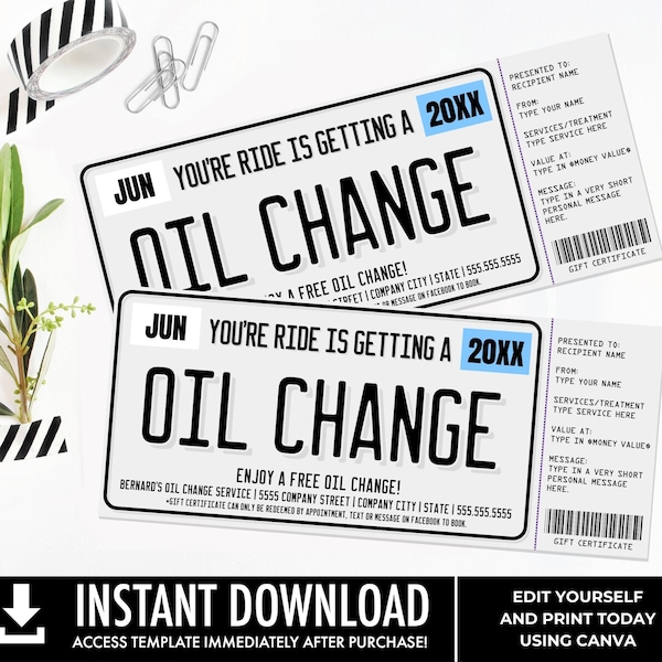 Oil Change Gift Certificate, License Plate Surprise Gift Voucher, Fix Your Ride | Self-Edit with CANVA - INSTANT DOWNLOAD Printable Template