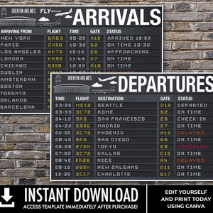 Airplane Party Poster - 36x24 Arrival & Departure TWO Sign Set, Airport Terminal Signs| Edit with CANVA - INSTANT Download Printable