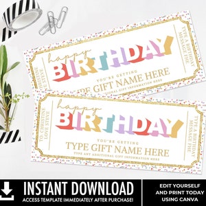 Happy Birthday Gift Certificate, Birthday Custom Gift Voucher Template, Unisex Printable Gift Coupon, for daughter| Edit with CANVA Download