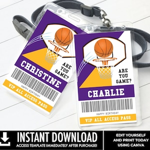 Basketball All Star Badges, Basketball Birthday, Basketball VIP Pass Lanyard Template | Personalize using CANVA - INSTANT Download Printable