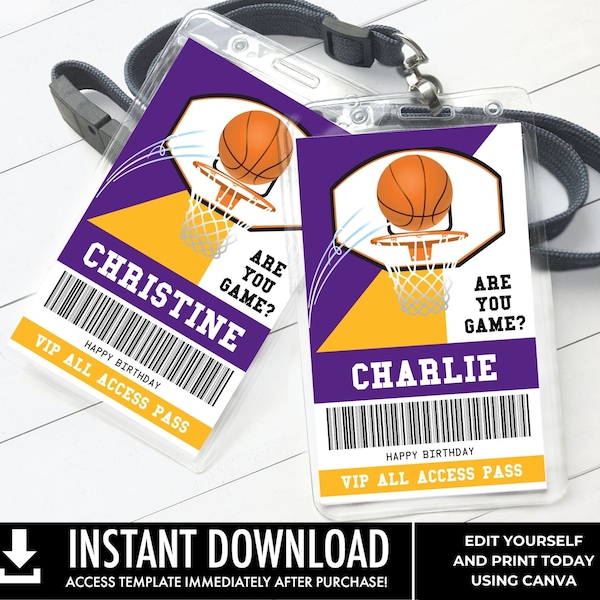 Basketball All Star Badges, Basketball Birthday, Basketball VIP Pass Lanyard Template | Personalize using CANVA - INSTANT Download Printable