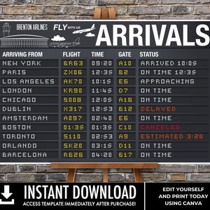 Póster de fiesta de avión (91 x 61 cm): Letreros de llegada, letrero de terminal de aeropuerto, decoración de aviador. Edita con CANVA. Descarga instantánea e imprimible.