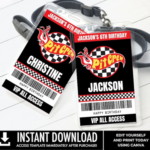 Pit Crew Badge,Cars Birthday Party,VIP All Access Badge,Pit Crew ID Badge,Race Car | Edit using CANVA–Instant Download Printable