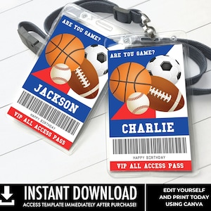 Sports All Star ID Badge, Sports Party, Sports VIP All Access Pass, Party I.D. Badges | Edit using CANVA–Instant Download Printable
