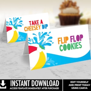 Étiquettes d'aliments pour fête de piscine - Textes de table, étiquettes de buffet, cartes de tente, décoration de fête d'été | Éditer avec CANVA - TÉLÉCHARGEMENT IMMÉDIAT