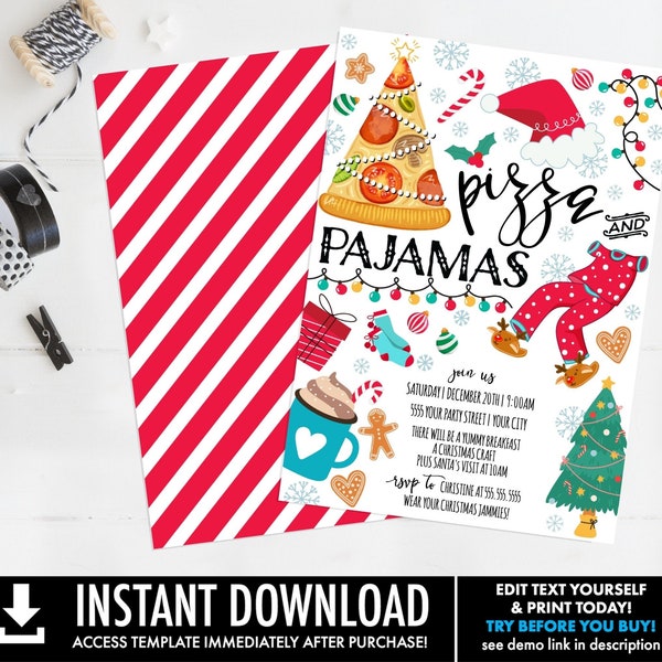 Pizza and Pajamas Christmas Party Invitation, Christmas Pizza & Pajama Invite, Holiday Pizza Party | Edit using Corjl–INSTANT DOWNLOAD