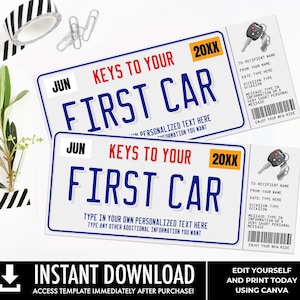 Vale de regalo sorpresa para el primer coche, vale de matrícula, revelación de regalo, certificado de regalo / Personaliza con CANVA - DESCARGA INSTANTE Imprimible
