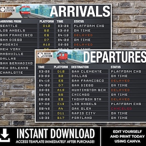 Puede incluir: Una plantilla de tablero de llegadas y salidas de estación de tren imprimible. El tablero está diseñado para parecerse a un tablero de estación de tren vintage con un tren rojo y un reloj. El tablero enumera las horas de llegada y salida, las plataformas, los destinos y el estado de los trenes. El texto en el tablero dice "Riverside Station Arrivals" y "Riverside Station Departures".