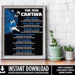 Star Fighter Cantina Drink Menu, Jedi Star Interstellar Wars Birthday Party Decoration, Tie-Fighter Blue | Edit with CANVA–Instant Download