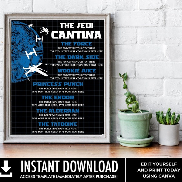 Star Fighter Cantina Drink Menu, Jedi Star Interstellar Wars Birthday Party Decoration, Tie-Fighter Blue | Edit with CANVA–Instant Download