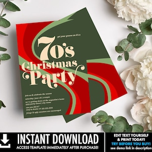 Bewerkbare jaren &#39;70 Groovy Kerstfeestuitnodiging, Retro 70&#39;s Hippie Kerstuitnodiging | U personaliseert met CORJL-INSTANT DOWNLOAD Printable