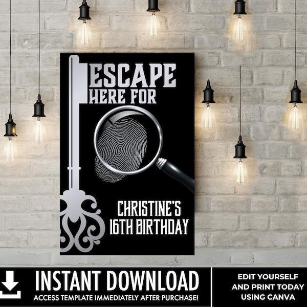 Escape Room Party 24"x36" Poster, Mystery Party Sign, Birthday Party Sign, Welcome Party Sign | Edit with CANVA - INSTANT DOWNLOAD Printable