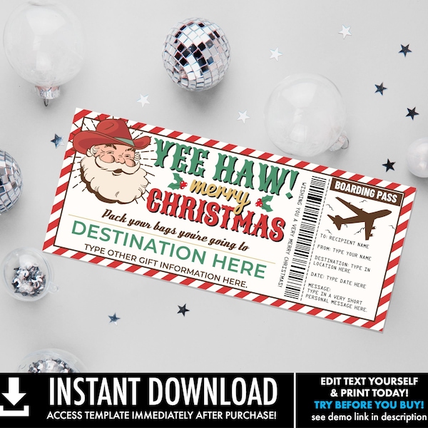 Christmas Boarding Pass Gift Certificate, Vacation Gift Voucher, Plane Ticket Gift | You Persoanlize with CORJL-INSTANT Download Printable