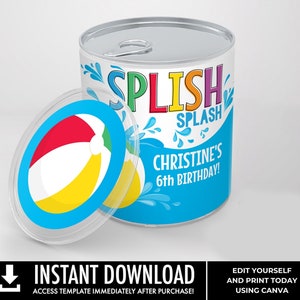 Może przedstawiać: Drukowany szablon na puszkę z upominkiem na przyjęcie. Puszka jest niebieska z tęczowym napisem "Splish Splash" i tekstem "Christine's 6th Birthday!" Pokrywka jest przezroczysta i ma kolorowy wzór piłki plażowej.