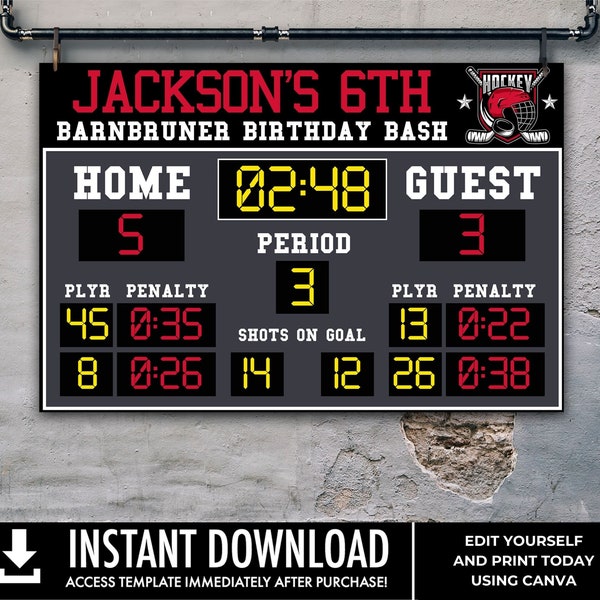 Hockey Scoreboard 36"x24" Party Sign/Poster - Scoreboard Party Backdrop | Edit using CANVA - INSTANT DOWNLOAD Printable